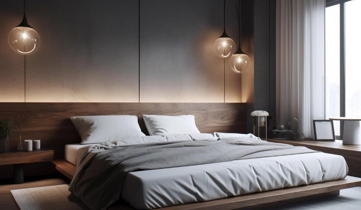 Farbe im Schlafzimmer – ein Bett mit Holzkopfteil